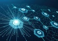 Digital network of interconnected hexagonal nodes glowing in futuristic blue light Royalty Free Stock Photo