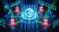Digital network of interconnected servers and data centers with a glowing blue globe at the center Royalty Free Stock Photo