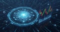 Digital network interface with stock market candlestick chart in a futuristic blue interface Royalty Free Stock Photo