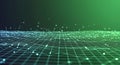 Digital Network Landscape with Glowing Interconnected Particles and a Wavy Grid Structure, Illustrating Data Flow and Technology Royalty Free Stock Photo