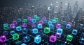 Digital network nodes interconnected within a futuristic cityscape environment Royalty Free Stock Photo