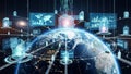 Global digital network connecting Earth with glowing data cubes and holographic interfaces representing technology Royalty Free Stock Photo