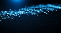 A digital network representation featuring interconnected glowing blue nodes and