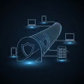 Digital Network Security Tunnel with Devices and Shields Royalty Free Stock Photo