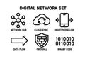 Digital network set with icons for cloud sync, firewall, smartphone link, data flow, binary code, and network hub vector Royalty Free Stock Photo