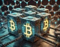 Illustration of bitcoin currency protected by blockchain technology on a digital network Royalty Free Stock Photo