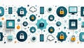 Digital network shows padlocks, security symbols on various devices. Smartphones, computers, tablets, cloud icons connect. Royalty Free Stock Photo