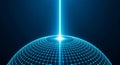 Digital Network Sphere with Glowing Grid and Vertical Light Beam on Dark Blue Background Royalty Free Stock Photo