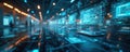 Digital network structure shows futuristic tech concept. Computing systems connect in web of data nodes. Abstract visualization of Royalty Free Stock Photo