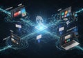Digital network visualization with interconnected devices including a tablet, laptop, smartwatch, Royalty Free Stock Photo
