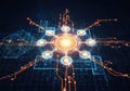 Digital network visualization with interconnected nodes and circuits glowing in futuristic design Royalty Free Stock Photo