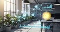 Digital network visualization overlaying office space with data analysis charts and sun icon Royalty Free Stock Photo