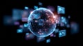 Digital networking sphere projecting data streams across interconnected screens, representing global communication Royalty Free Stock Photo