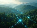 Digital networks interconnecting nature. Forest landscape with illuminated lines representing data flow. Tech integrates with Royalty Free Stock Photo