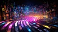 Digital neural network with swirling, colorful data and neon glow against dark background. Big data visualization