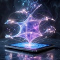 Digital Neuron Network Emerging from Tablet Screen with Glowing Particles technology Royalty Free Stock Photo