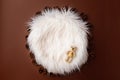 Digital newborn background for baby girls and boys. Brown backdrop, white fur and little bear Royalty Free Stock Photo
