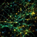 Digital node network with multicolored interconnected lines on black background
