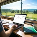 Digital nomad work inside the train and view of landscape through windows.