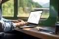 Digital nomad work inside the train and view of landscape through windows.