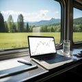 Digital nomad work inside the train and view of landscape through windows.