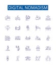 Digital nomadism line icons signs set. Design collection of Voyaging, Globetrotting, Remote Working, Freelancing