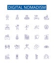 Digital nomadism line icons signs set. Design collection of Voyaging, Globetrotting, Remote Working, Freelancing Royalty Free Stock Photo