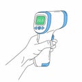 Digital non-contact infrared thermometer in hand. Medical thermometer measuring body temperature Royalty Free Stock Photo