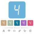 Digital number four of seven segment type flat icons on color rounded square backgrounds