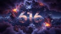 616 Digital Number Reflecting Sky Amidst Dramatic Storm Clouds & Glowing Abstract Structures. Futuristic Concept, Epic Render. Royalty Free Stock Photo