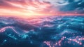 Digital ocean surface reflecting sunset light creating glowing particles Royalty Free Stock Photo