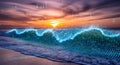 Digital Ocean Wave Sunrise Binary Code Surfing Through Water Royalty Free Stock Photo