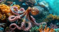 A digital octopus with tentacles made of different types of crypto tokens blending seamlessly into the colorful coral