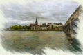 Digital oil cityscape of Maastricht and the Maas River in the Netherlands Royalty Free Stock Photo