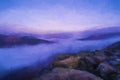 Digital oil painting of a Bamford Edge sunrise cloud inversion in the Peak District, UK