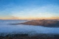 Digital oil painting of a Bamford Edge sunrise cloud inversion in the Peak District, UK