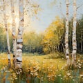 Digital oil painting of birch grove in autumn. Landscape, impasto. Printable square artwork