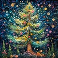 Digital oil painting of a fir-tree on a dark background, impasto. Wall art for children\'s room. Modern art. Generative AI