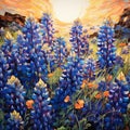 Digital oil painting of lupine flowers in the field at sunset, impasto. Printable square artwork