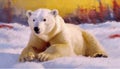 Digital oil painting of polar bear lying on snow,Generative AI