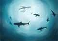Digital oil painting of sharks underwater in ocean.