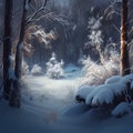 Digital oil painting of winter solstice in isolated snowy forest after snow fall. Beautifully natural winter scene, blizzard trees