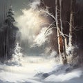 Digital oil painting of winter solstice in isolated snowy forest after snow fall. Beautifully natural winter scene, blizzard trees