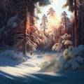 Digital oil painting of winter solstice in isolated snowy forest after snow fall. Beautifully natural winter scene, blizzard trees