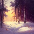 Digital oil painting of winter solstice in isolated snowy forest after snow fall. Beautifully natural winter scene, blizzard trees