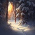 Digital oil painting of winter solstice in isolated snowy forest after snow fall. Beautifully natural winter scene, blizzard trees