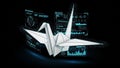 Digital origami crane surrounded by futuristic data interfaces in dark setting Royalty Free Stock Photo
