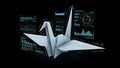Digital origami crane surrounded by futuristic data visualization interfaces Royalty Free Stock Photo