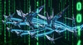 Digital Origami Cranes Flying Through Binary Code Stream Royalty Free Stock Photo