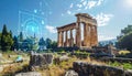 Digital Overlay on Ancient Greek Temple Ruins Visualizing Historical Architecture Through Augmented Reality Technology Royalty Free Stock Photo